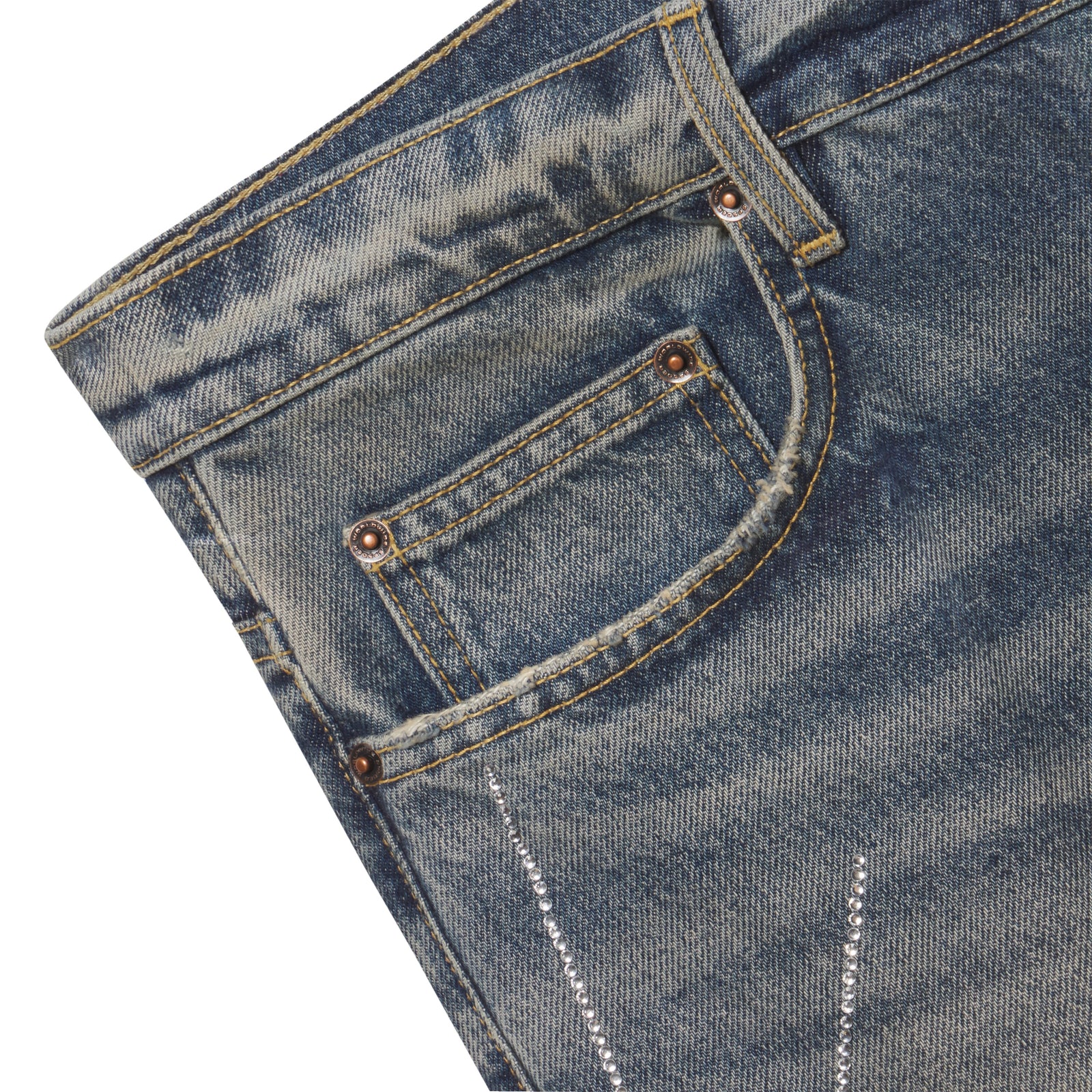 Faded blue 13oz denim jeans featuring a rhinestone web graphic design and custom branded copper hardware.