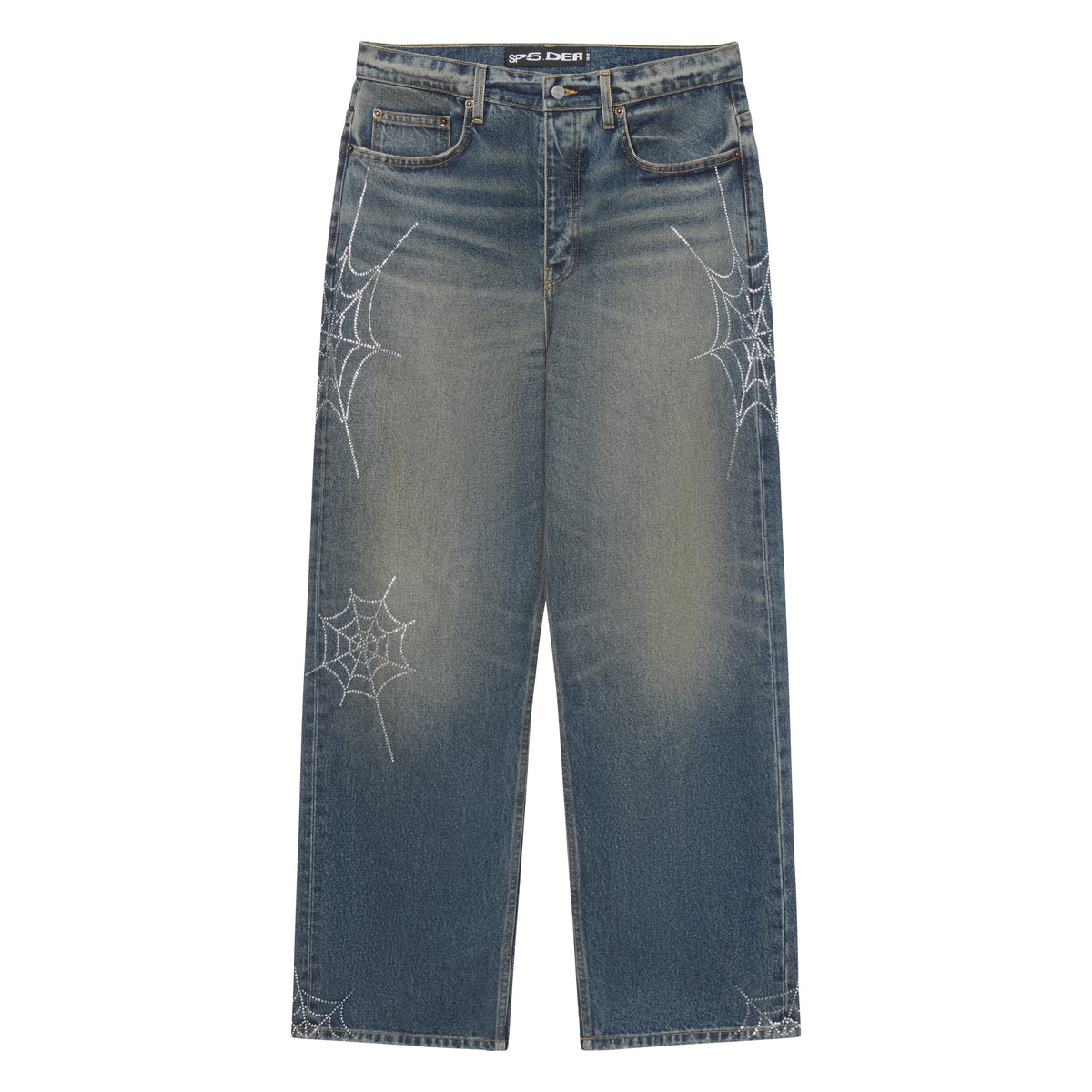 Faded blue straight-leg denim jeans featuring sparkling rhinestone web graphic designs throughout.