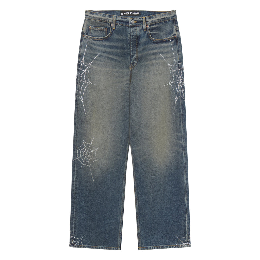 Faded blue straight-leg denim jeans featuring sparkling rhinestone web graphic designs throughout.