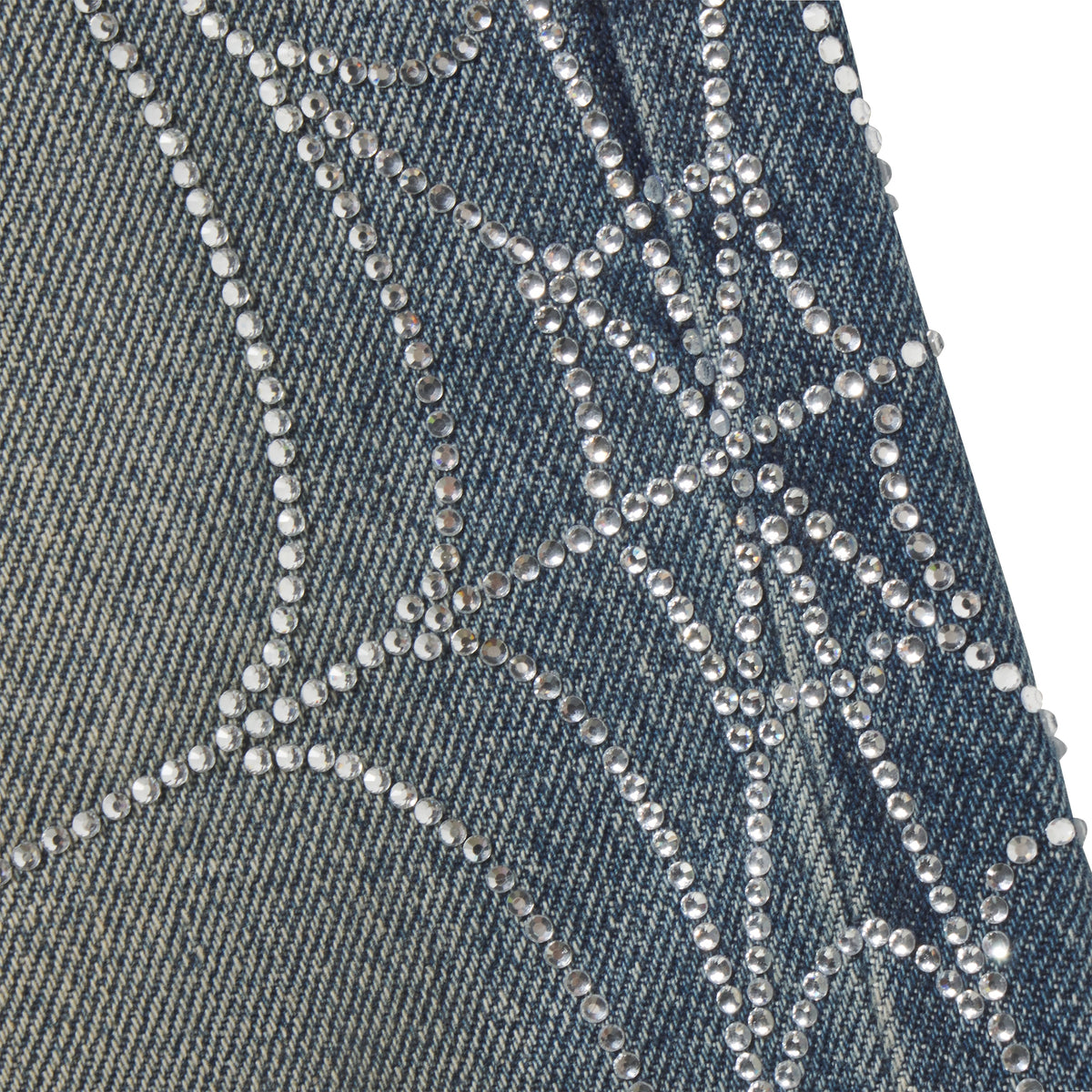 Faded blue 13oz denim jeans featuring a sparkling rhinestone web graphic print design.
