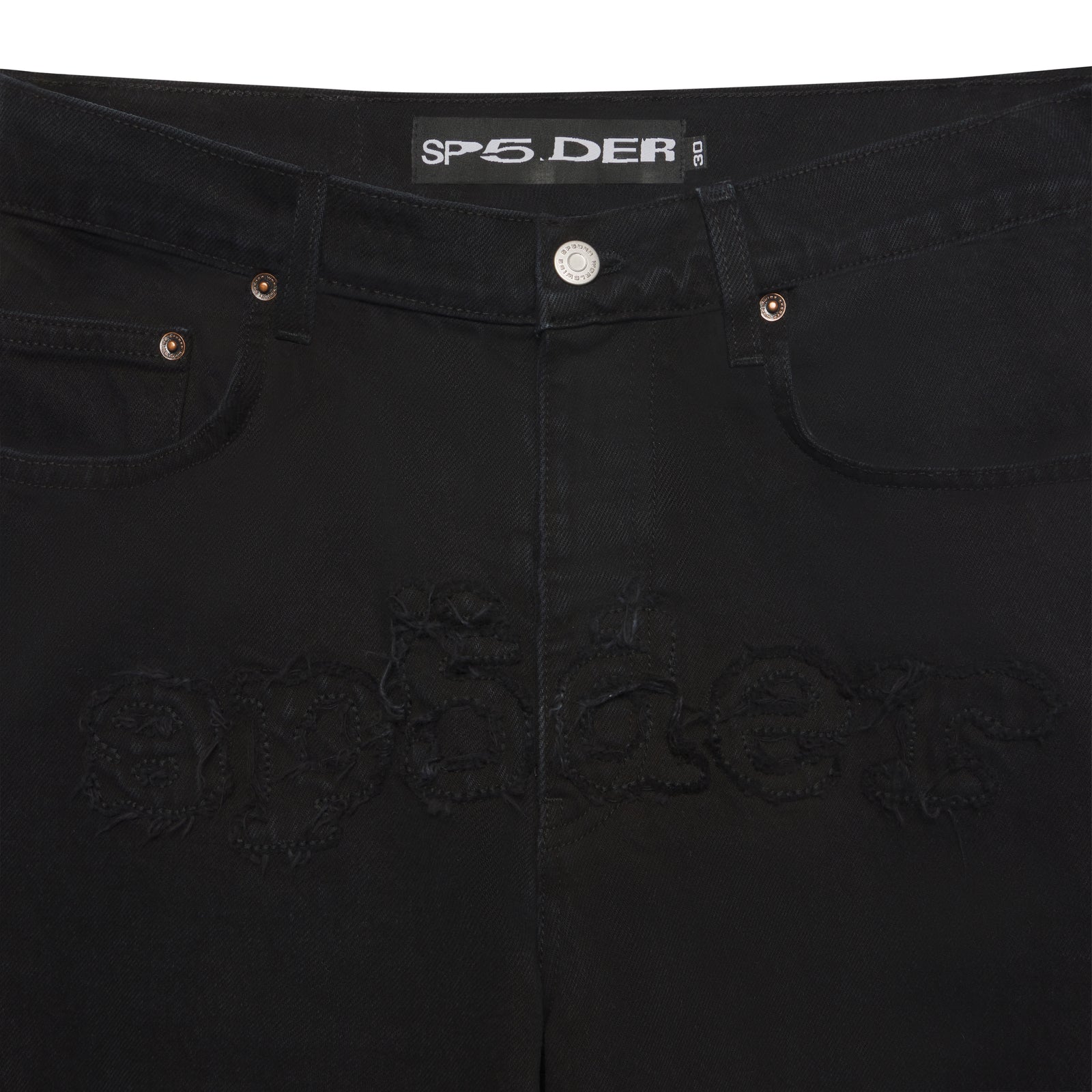 Black distressed denim jeans with frayed "SP5DER" logo, branded hardware, and shank buttons.