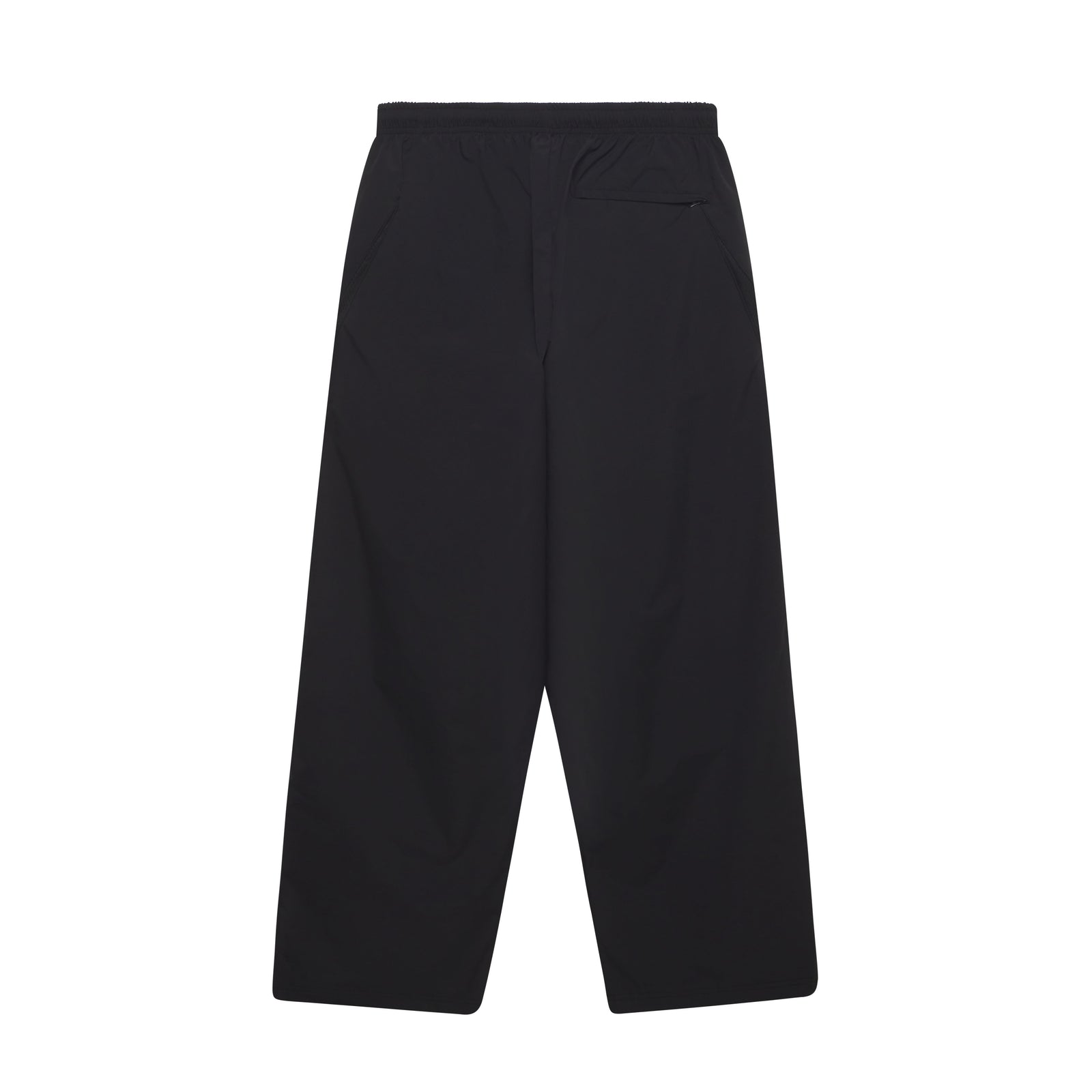 Black nylon wide-leg track pants featuring an elastic waistband and side pockets in a minimalist design.