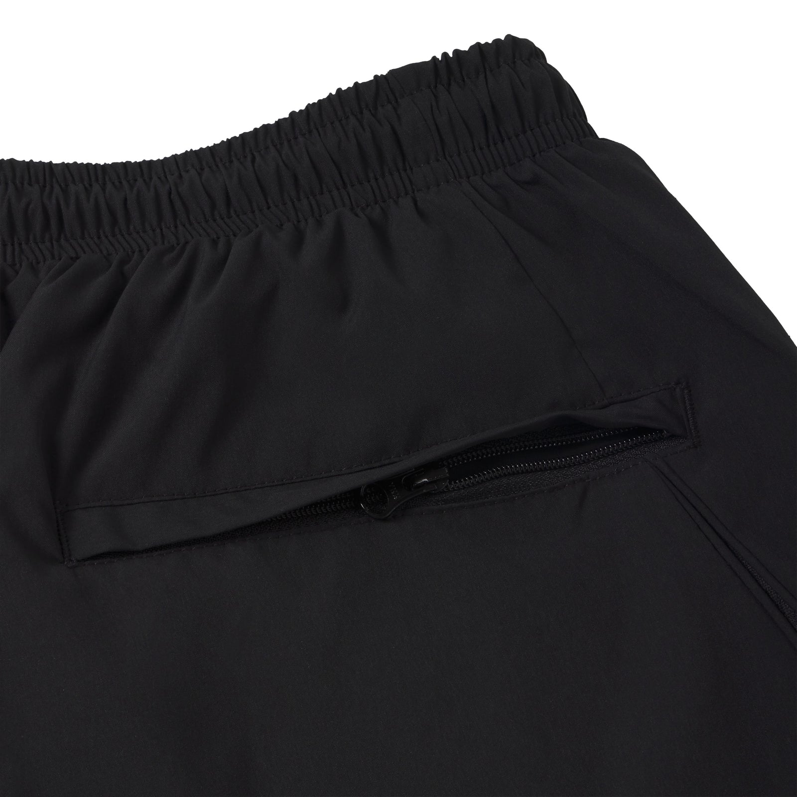 Black nylon track pant featuring an elastic waistband and a secure zippered side pocket.
