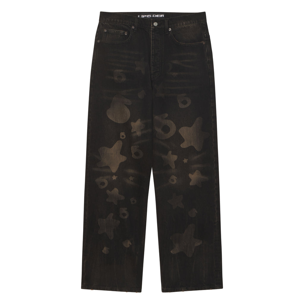 Black straight-leg denim jeans featuring a faded Beluga graphic print, five-pocket styling, and custom branded hardware.