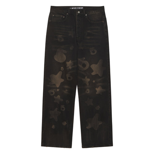 Black straight-leg denim jeans featuring a faded Beluga graphic print, five-pocket styling, and custom branded hardware.