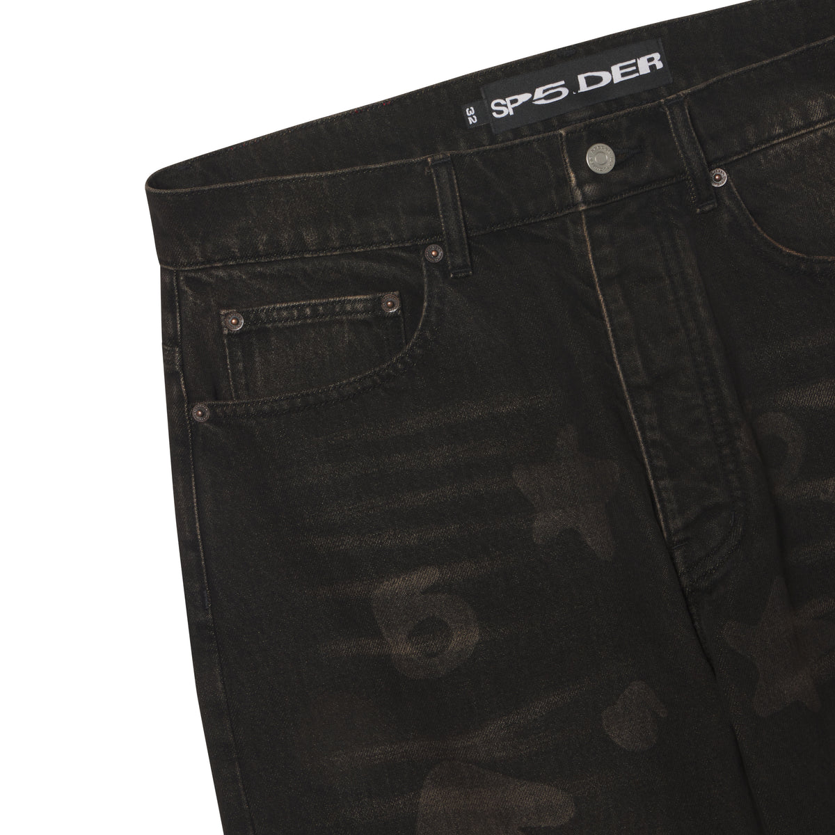 Black denim jeans with a faded Beluga graphic print, custom branded hardware, and a SP5DER logo patch at the waist.