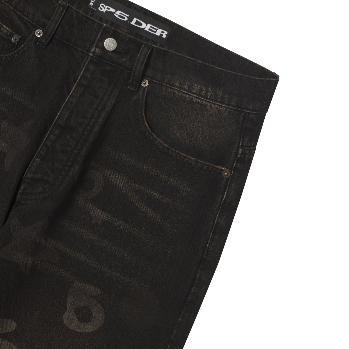 Black straight-leg denim pants featuring a faded Beluga graphic print, custom branded hardware, and a SP5DER waist label.