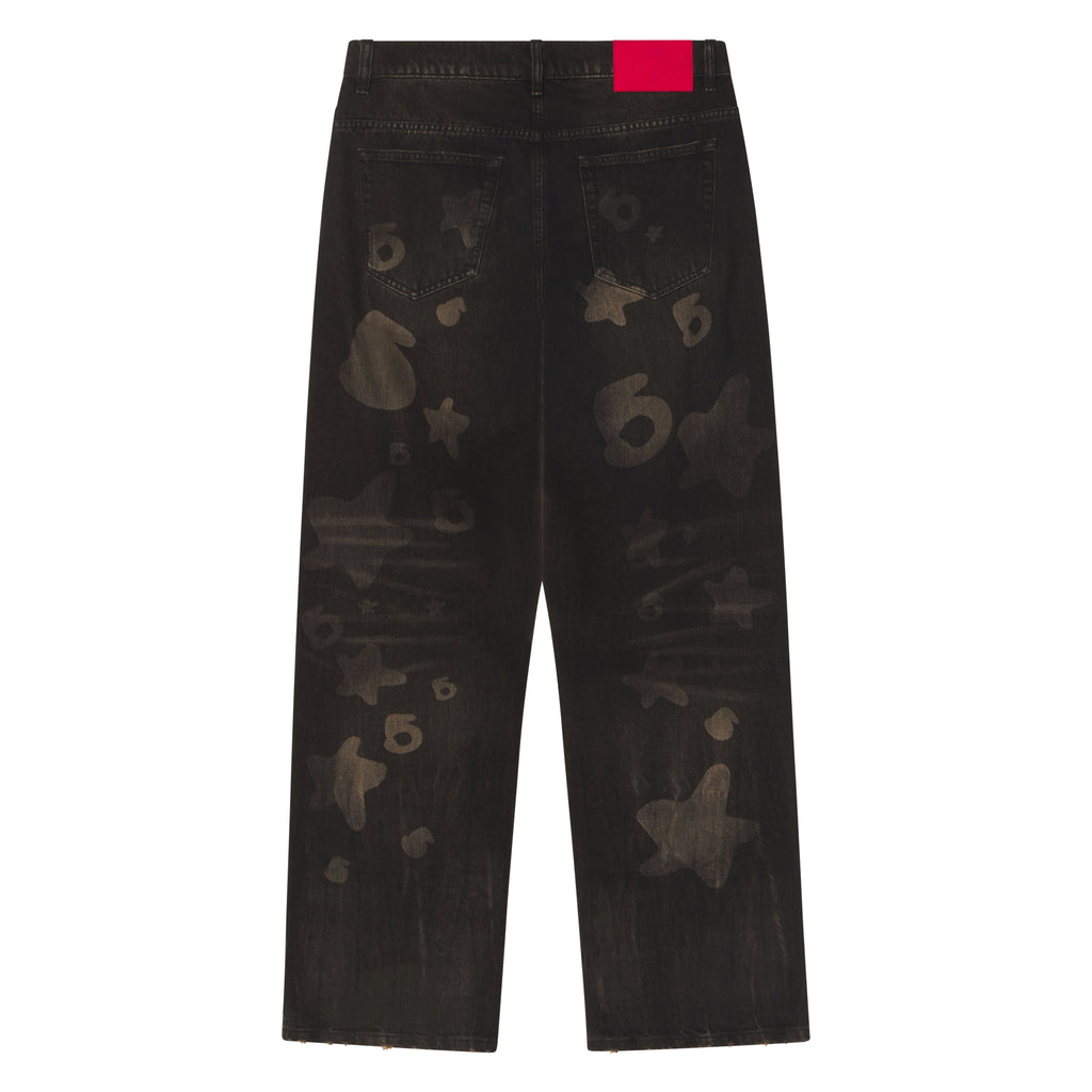 Black straight-leg denim jeans with faded Beluga graphic print, five-pocket styling, and a red branded leather back patch.