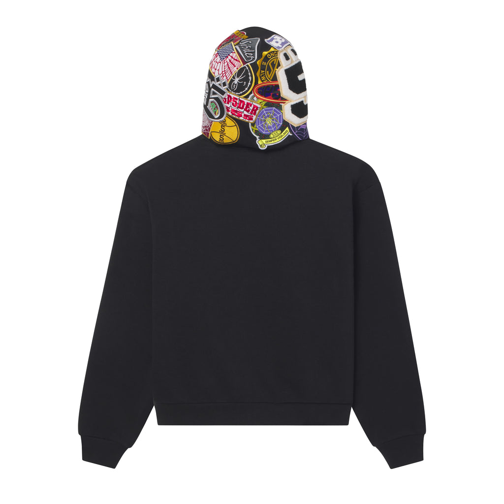 Black cotton fleece zip hoodie featuring a hood with colorful embroidered, woven, and chenille graphic patches.