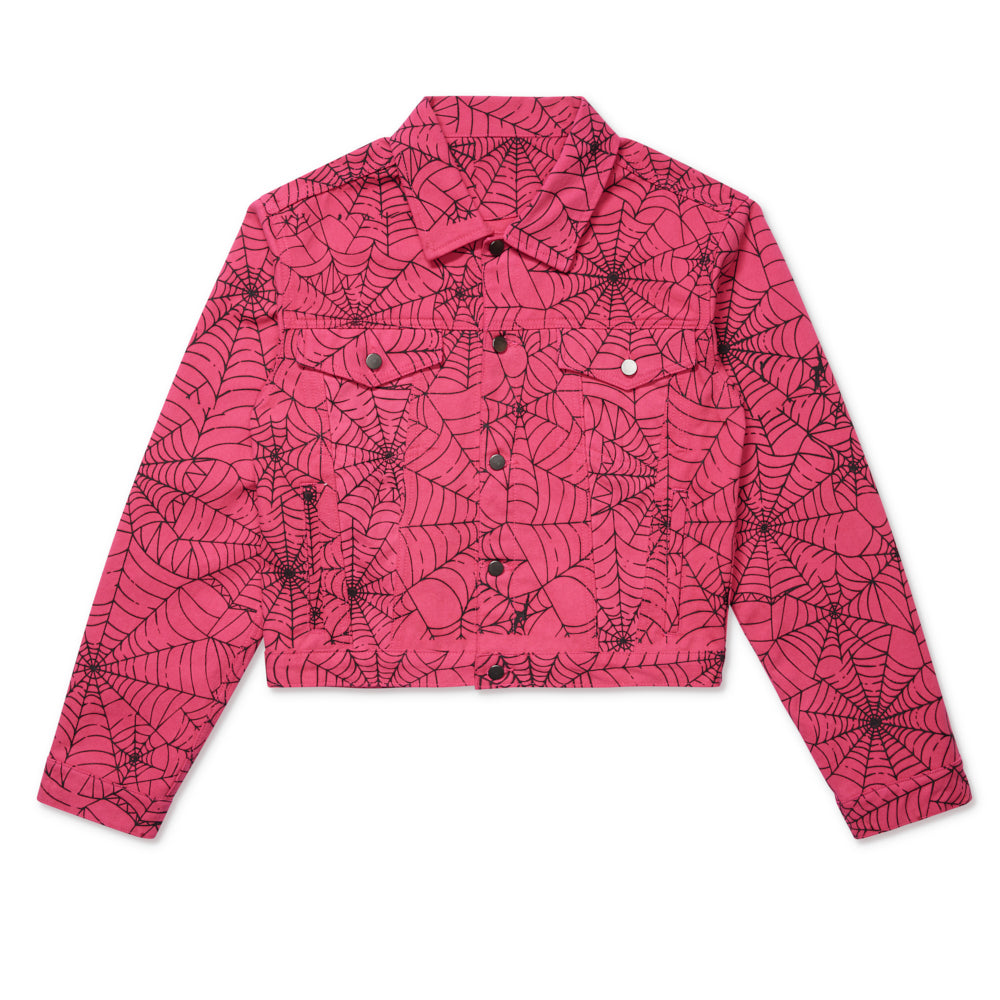 Pink denim trucker jacket with black all-over spider web print and silver button closures.