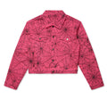 Pink denim trucker jacket with black all-over spider web print and silver button closures.