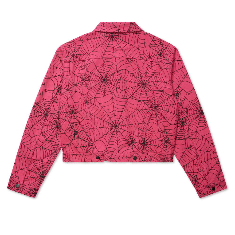 Pink denim trucker jacket with black all-over spider web print and silver button closures.