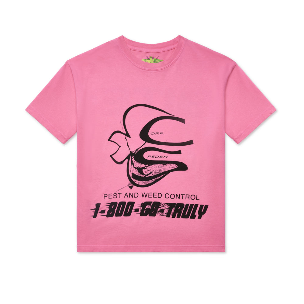 Pink cotton t-shirt with a black graphic print featuring "Pest and Weed Control 1-800-GO-TRULY.