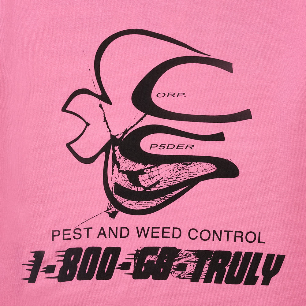 Pink cotton t-shirt with a black graphic print featuring "ORP. P5DER", "PEST AND WEED CONTROL", and "1-800-GO-TRULY".