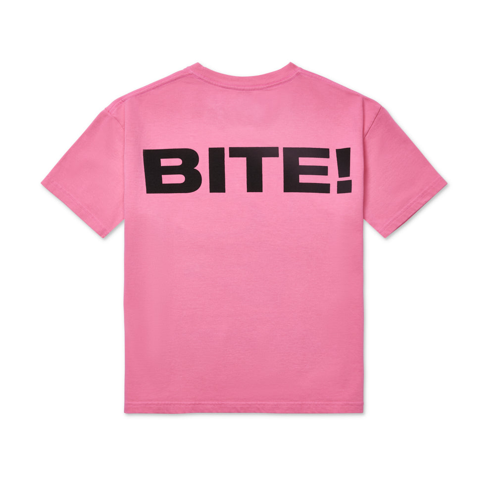 Pink 100% cotton standard fit tee with "BITE!" graphic print in black on the back.