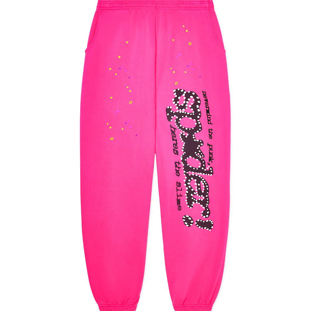 PINK P*NK V2 SWEATPANT: Hot pink fleece sweatpants with "SP5DER" motif, stars, and "nevermind the punk, here's the slime" text.