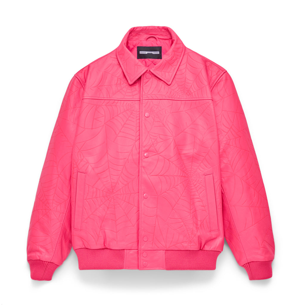 Pink cowskin leather jacket with debossed web design, spread collar, and press-stud closure.