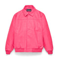Pink cowskin leather jacket with debossed web design, spread collar, and press-stud closure.