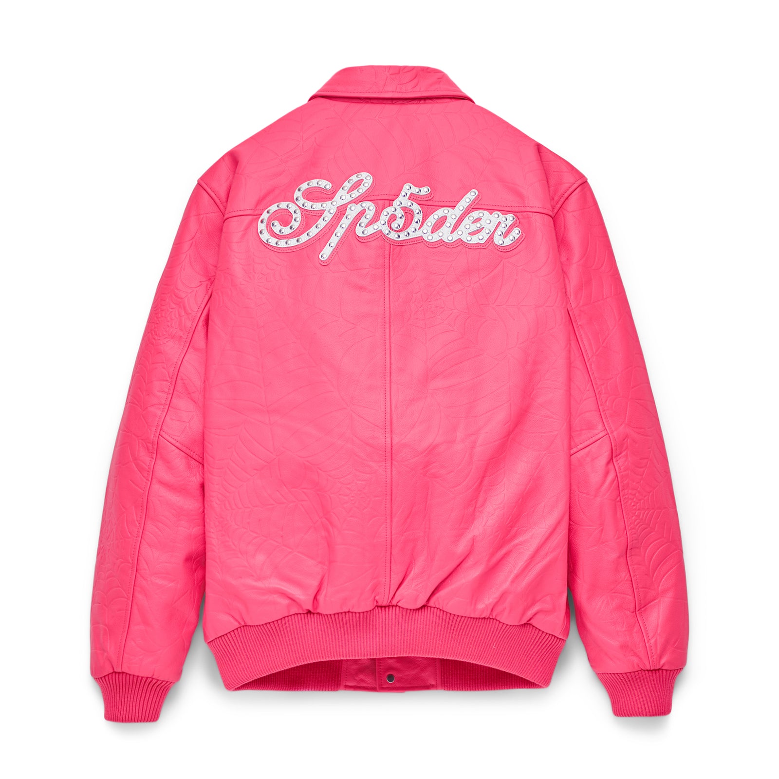 Pink cowskin leather jacket with debossed web design and studded "Sp5der" text on the back.