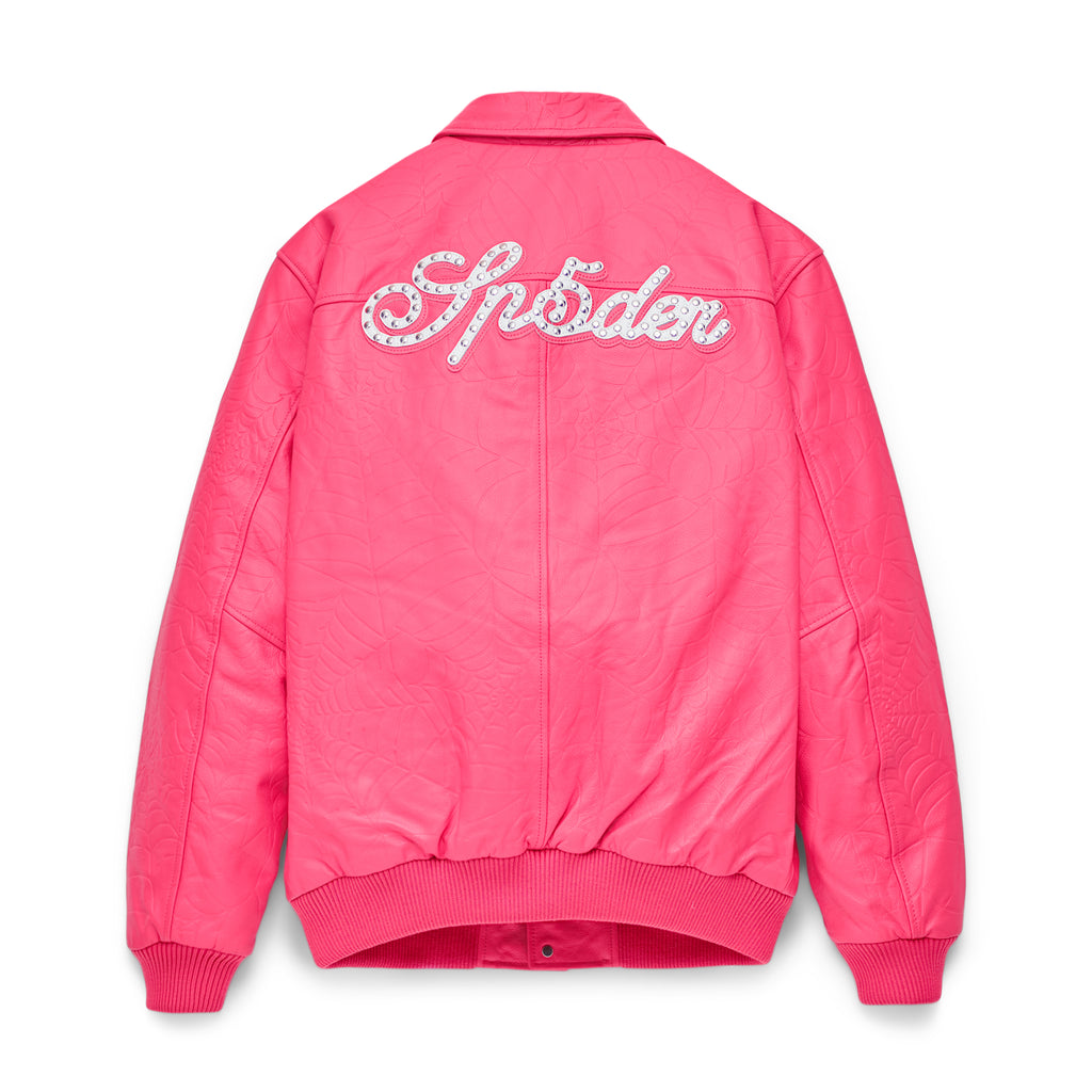 Pink cowskin leather jacket with debossed web design and studded "Sp5der" text on the back.