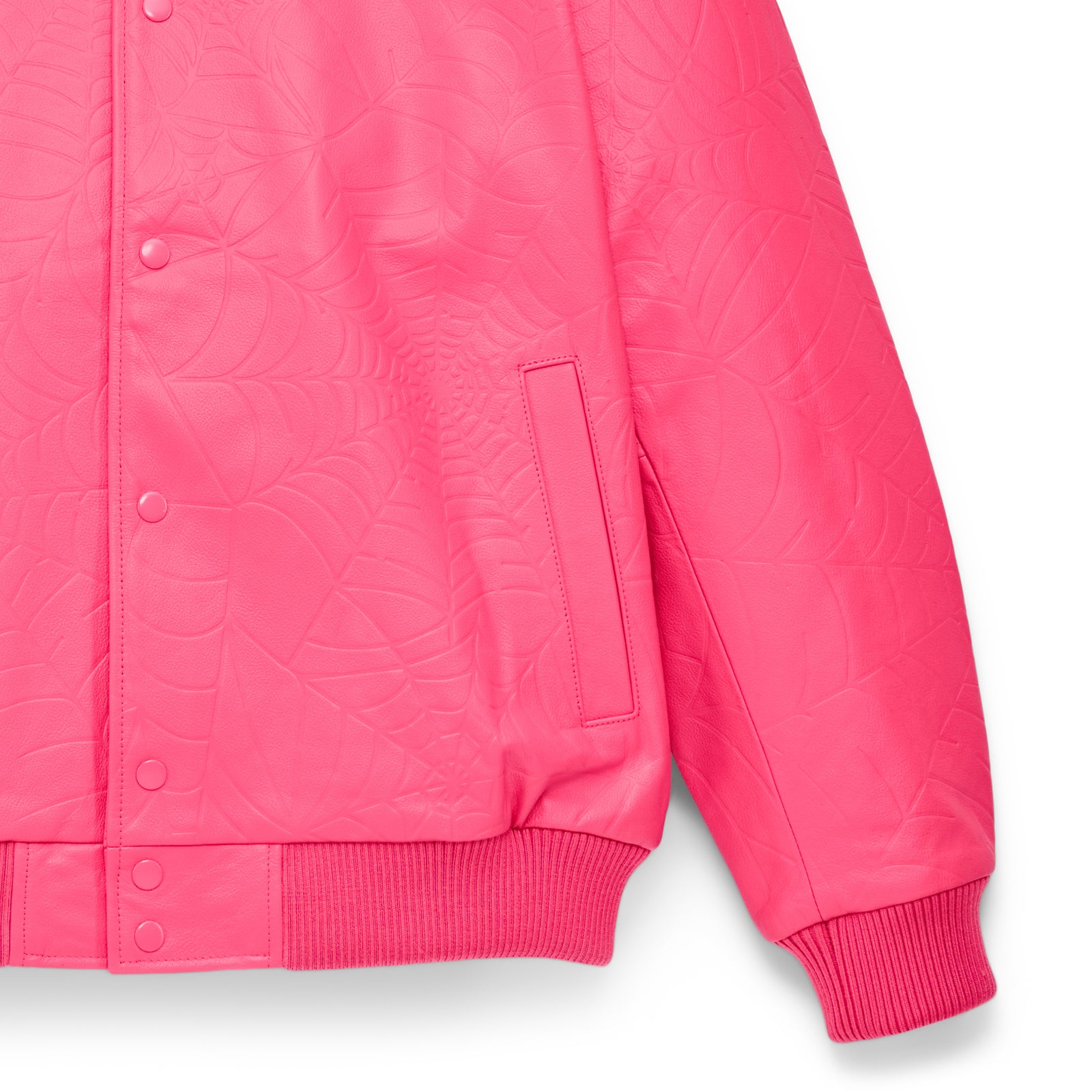 Hot pink cowskin leather jacket with debossed web design, press-stud closure, and ribbed cuffs.