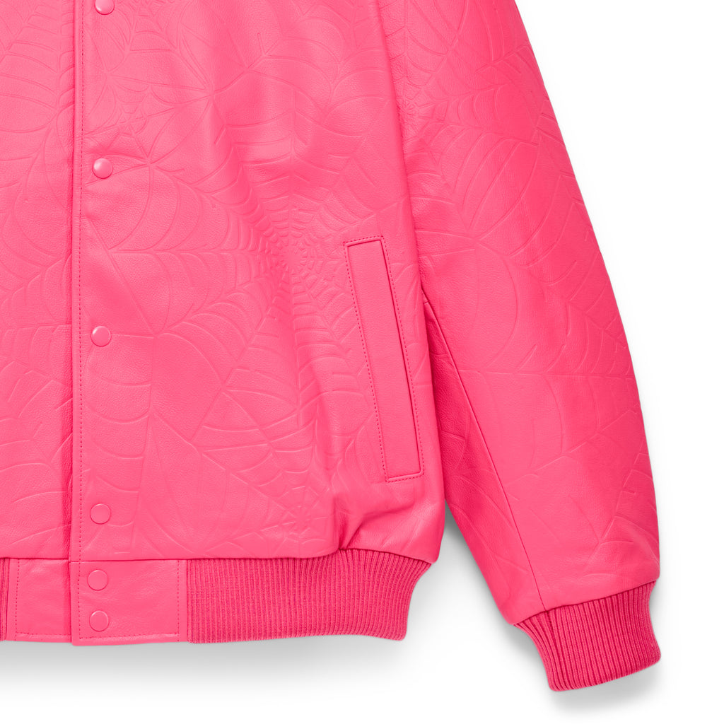 Hot pink cowskin leather jacket with debossed web design, press-stud closure, and ribbed cuffs.