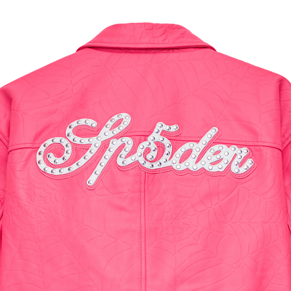 Pink cowskin leather jacket with debossed web design and studded "Sp5der" text on the back.