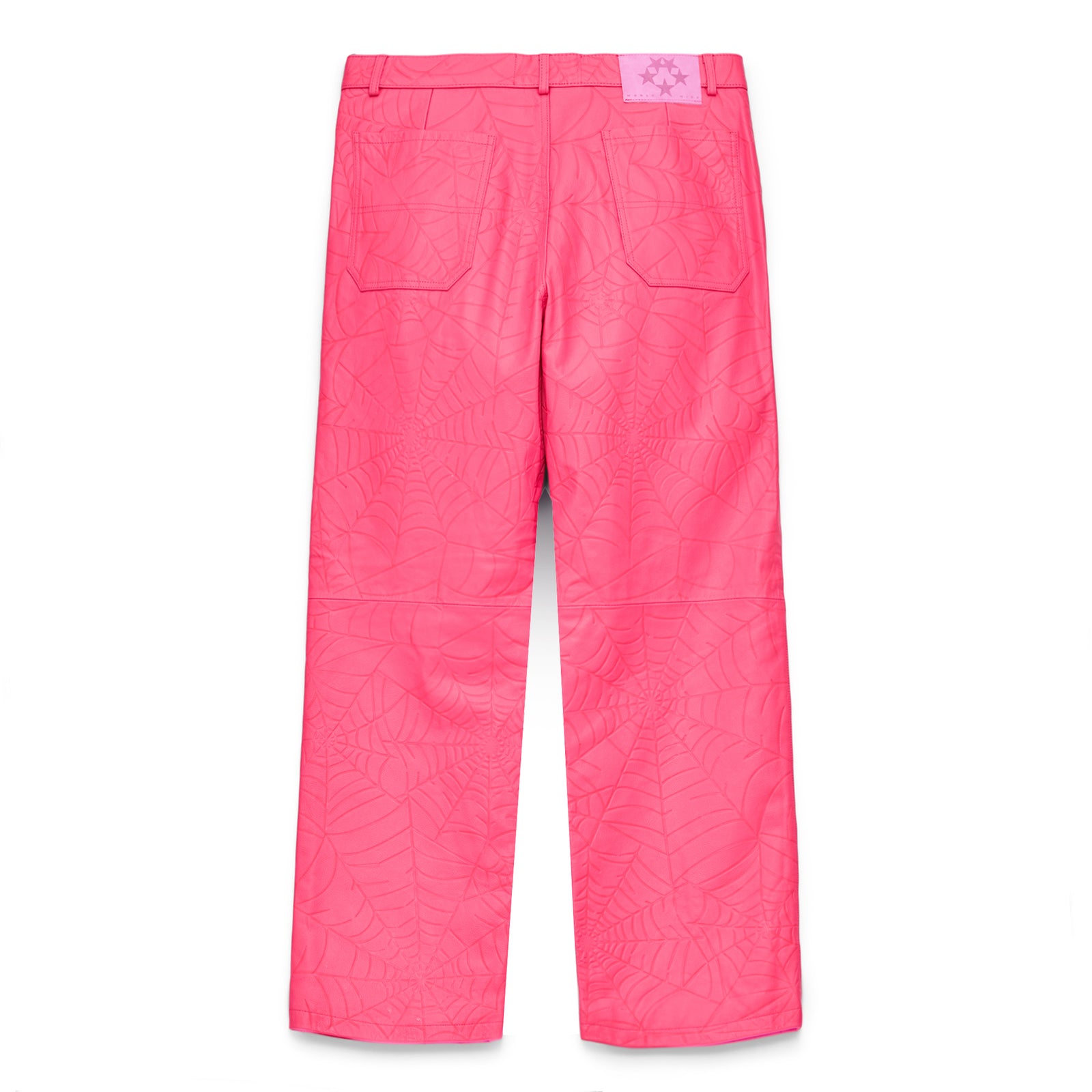 Bright pink cowskin leather pants with debossed web design and pink suede logo patch.