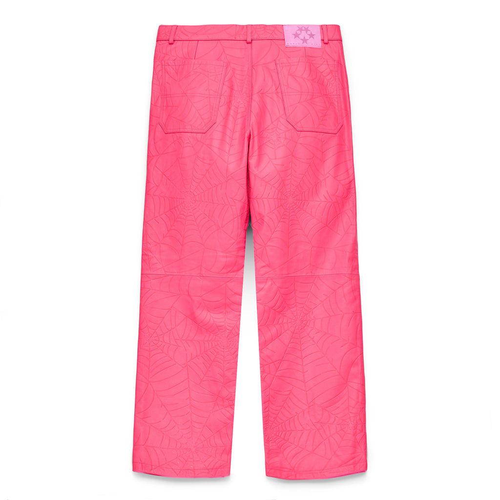 Bright pink cowskin leather pants with debossed web design and pink suede logo patch.