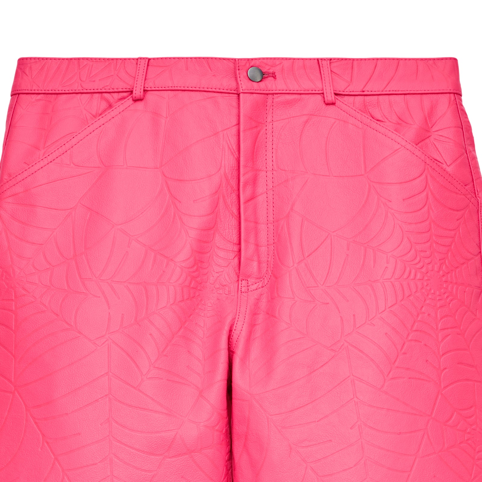 Hot pink debossed web leather pants with button fly, belt loops, and four-pocket styling.