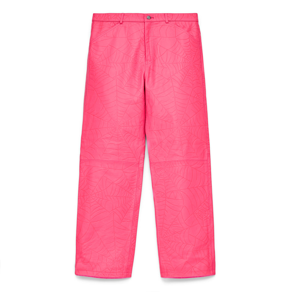 Hot pink cowskin leather pants with debossed web design, button fly, and belt loops.