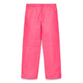 Hot pink cowskin leather pants with debossed web design, button fly, and belt loops.
