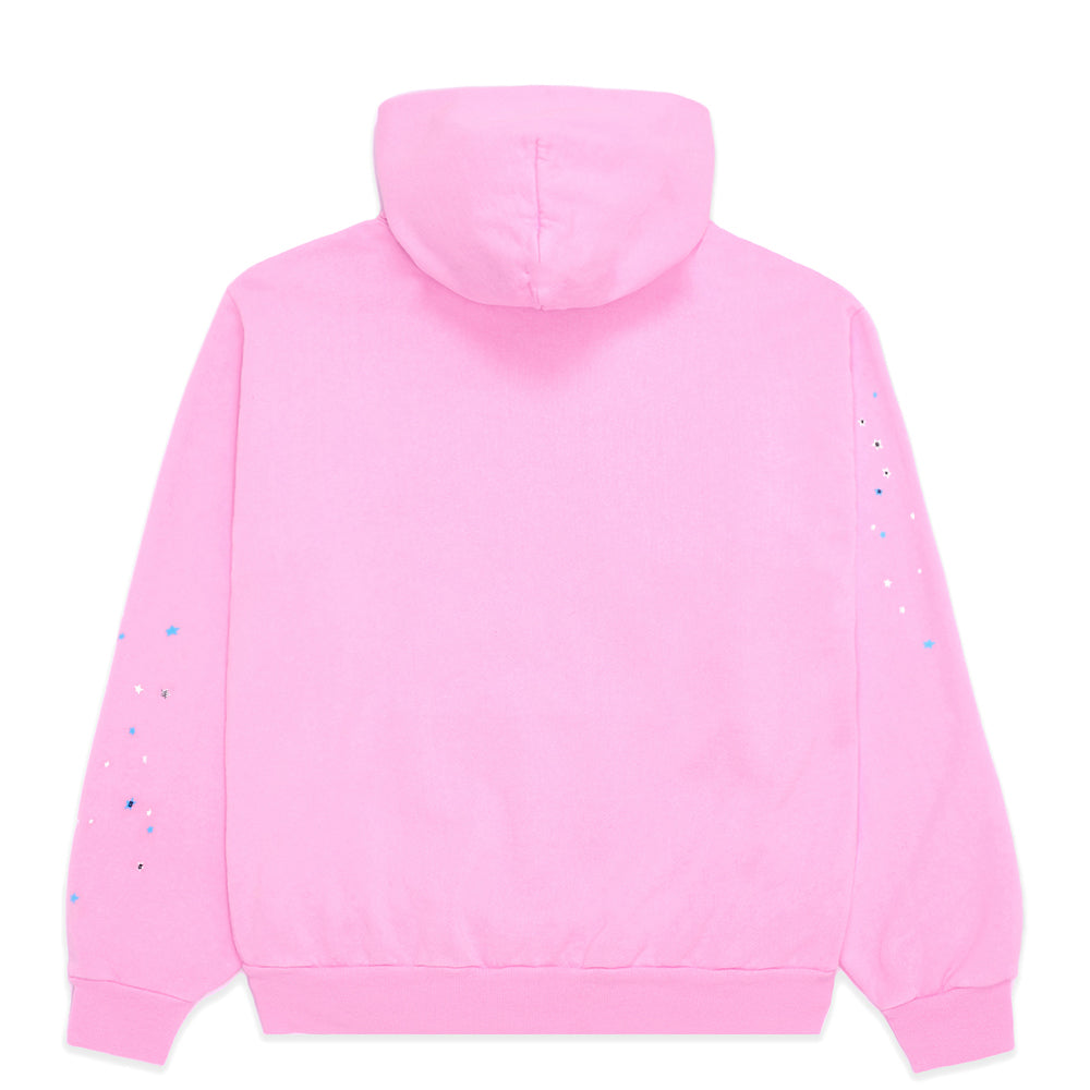 Back of a pink fleece hoodie with small scattered stars on the sleeves.