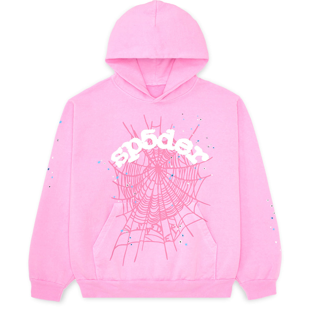 Pink fleece hoodie with "sp5der" text, spider web, and star prints.