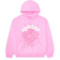 Pink fleece hoodie with "sp5der" text, spider web, and star prints.