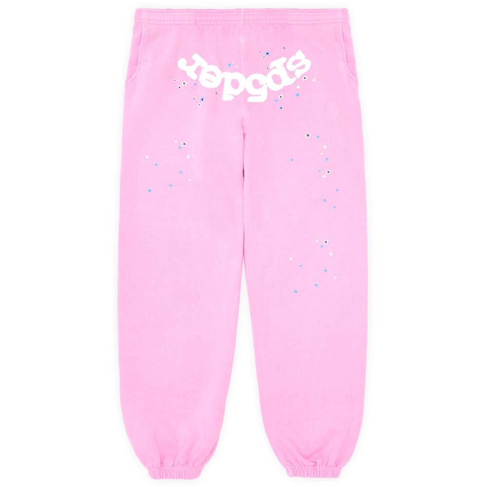 OG WEB PINK SWEATPANT: Pink 23oz fleece sweatpants with white puff print "sp5der" text and scattered star print.