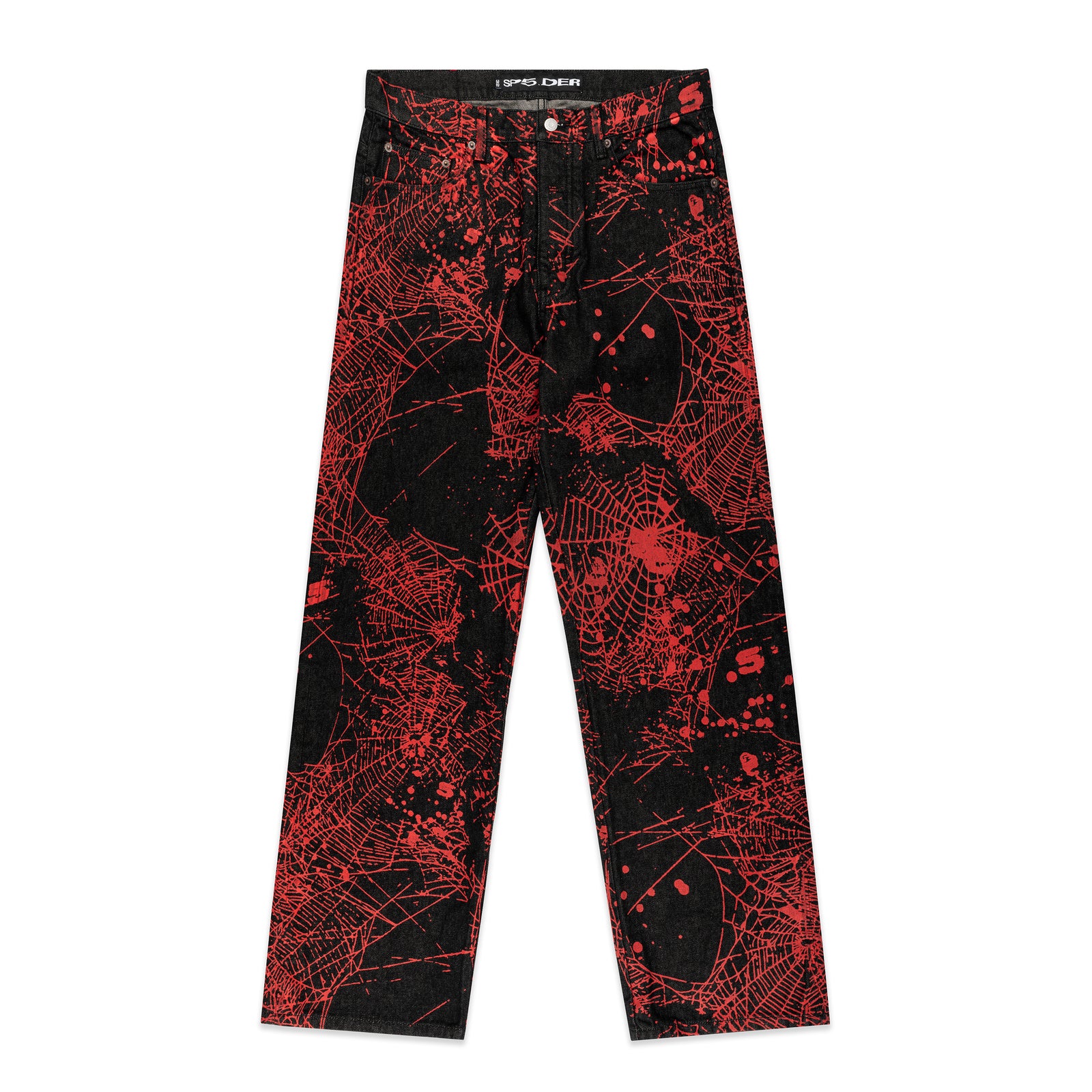 Black denim V2 WEB DENIM pants with all-over red spider web print, belt loops, and five-pocket styling.