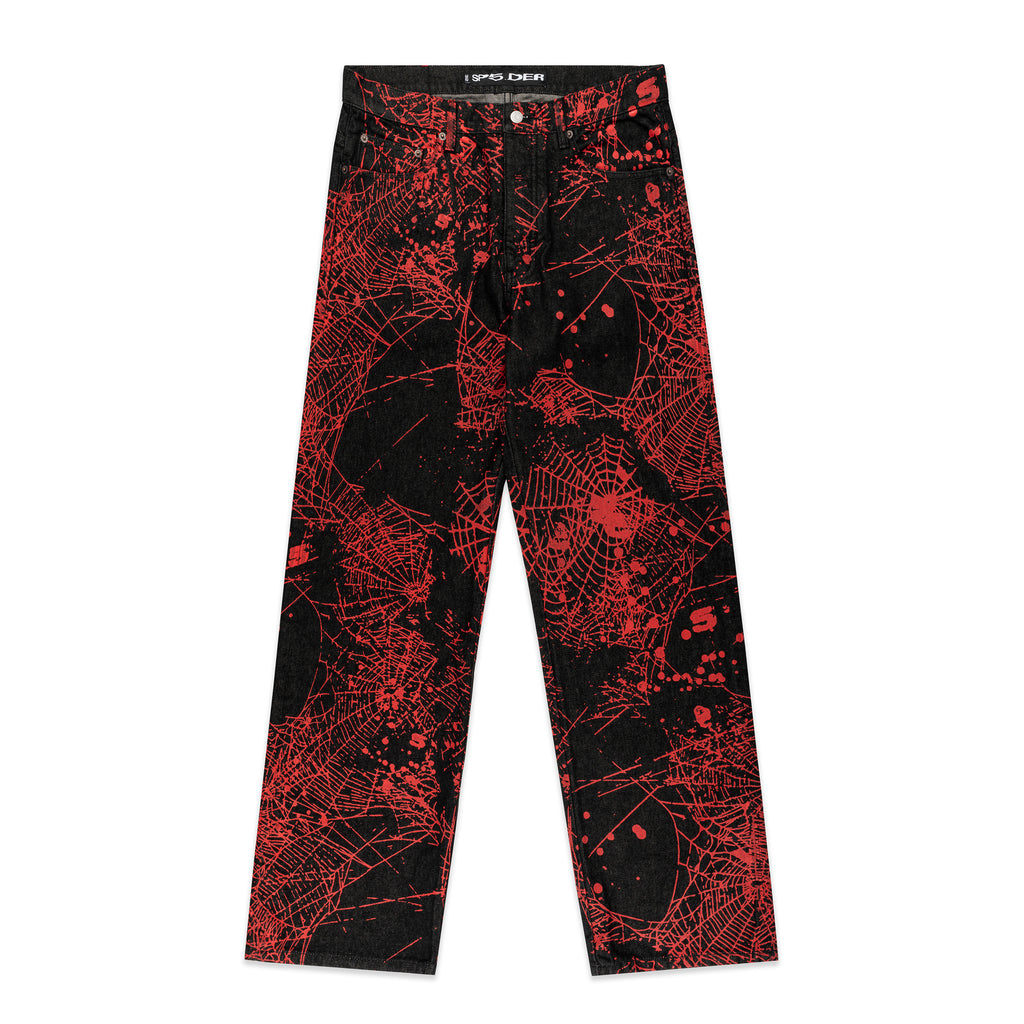 Black denim V2 WEB DENIM pants with all-over red spider web print, belt loops, and five-pocket styling.