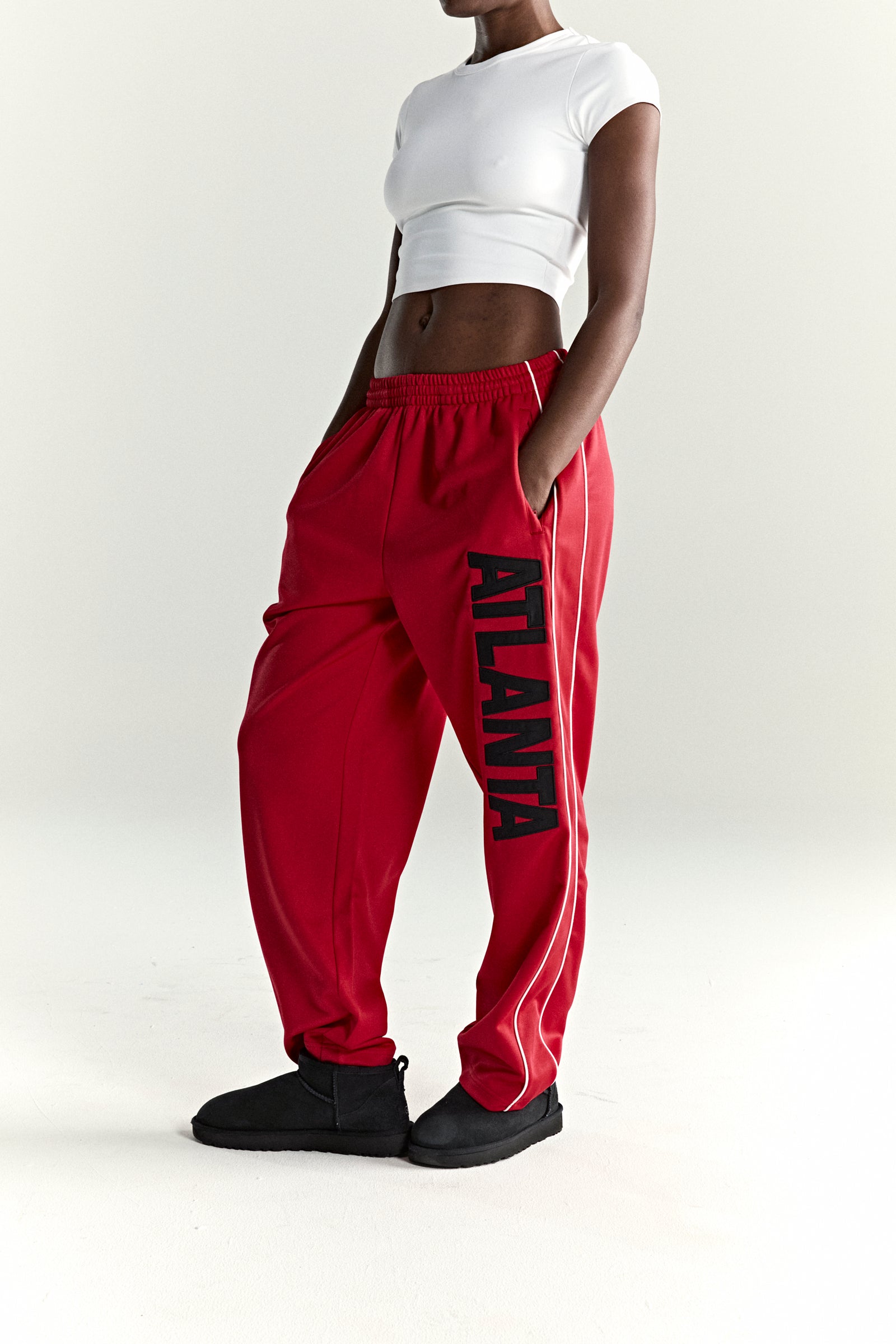 RED ATLANTA TRACK PANT ON MODEL
