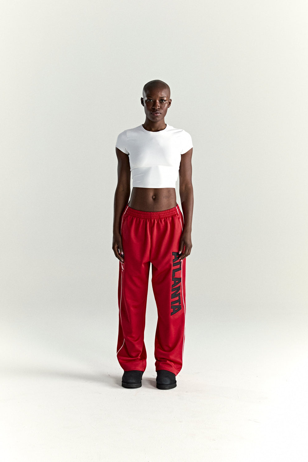 RED ATLANTA TRACK PANT ON MODEL