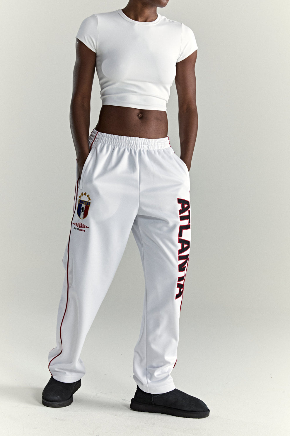 WHITE ATLANTA TRACK PANT ON MODEL