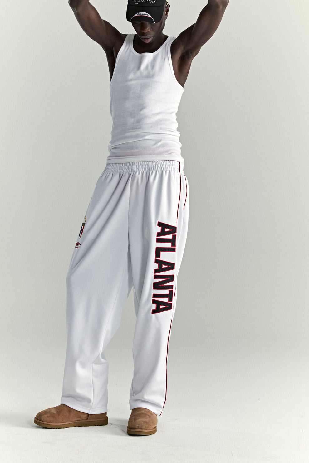 WHITE ATLANTA TRACK PANT ON MODEL