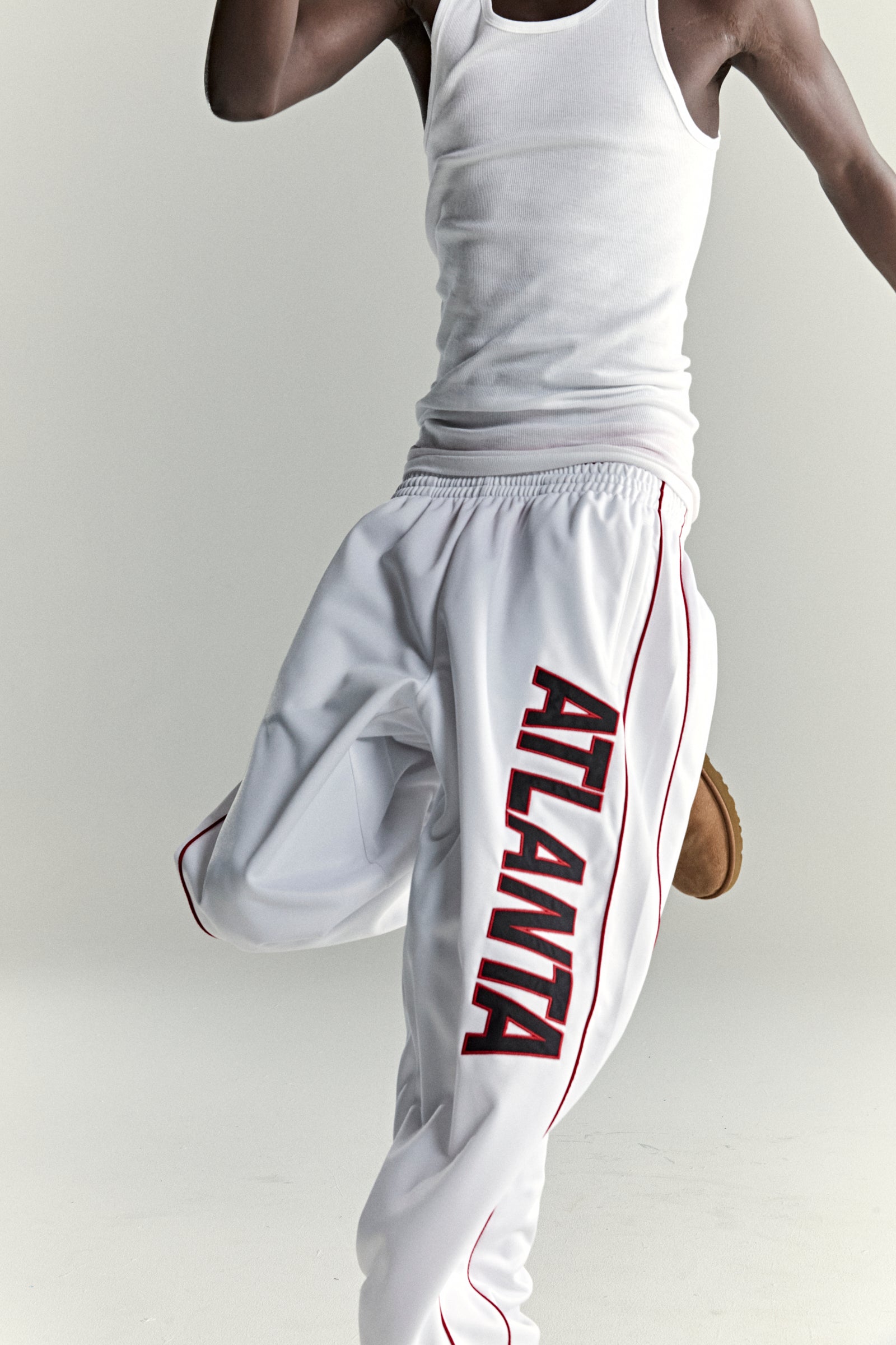WHITE ATLANTA TRACK PANT ON MODEL