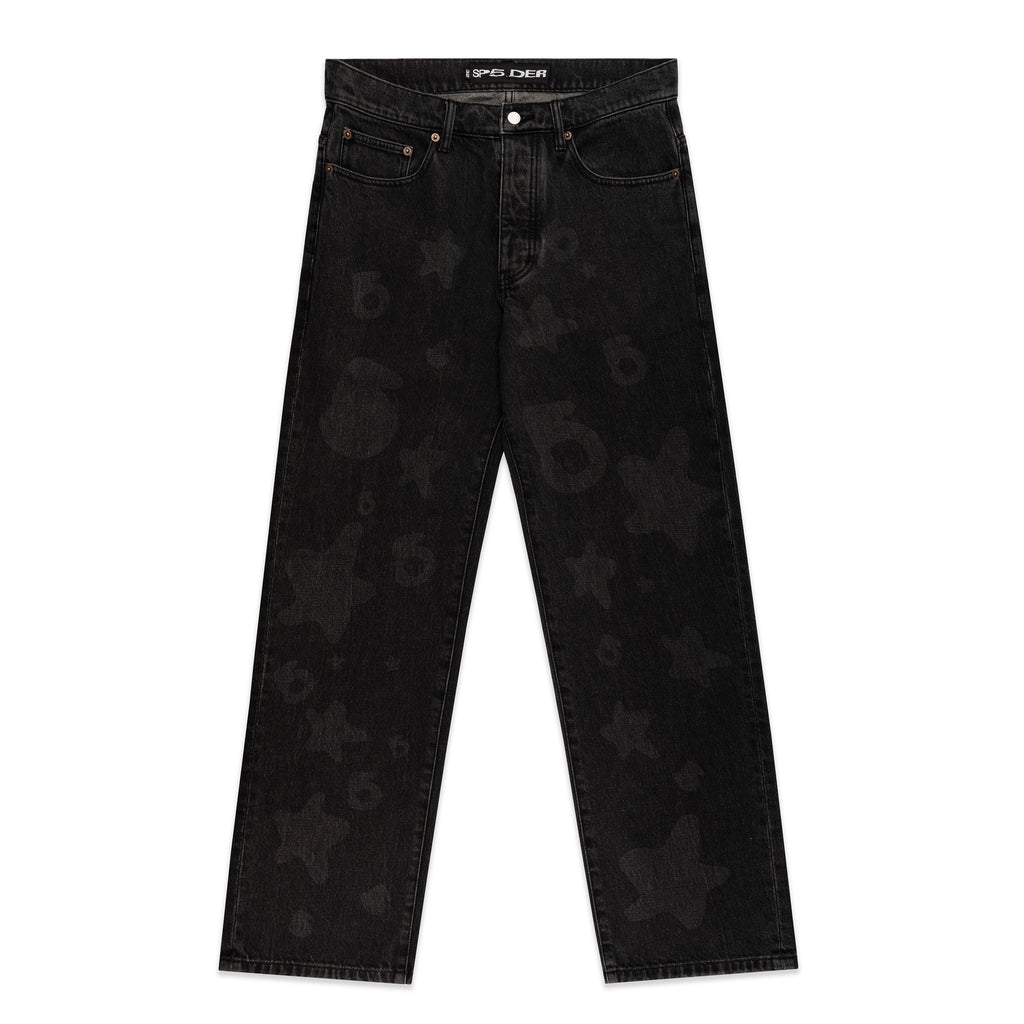 BELUGA DENIM faded wash black jeans with subtle star and 'B' patterns, custom hardware, and a straight leg fit.
