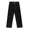 BELUGA DENIM faded wash black jeans with subtle star and 'B' patterns, custom hardware, and a straight leg fit.