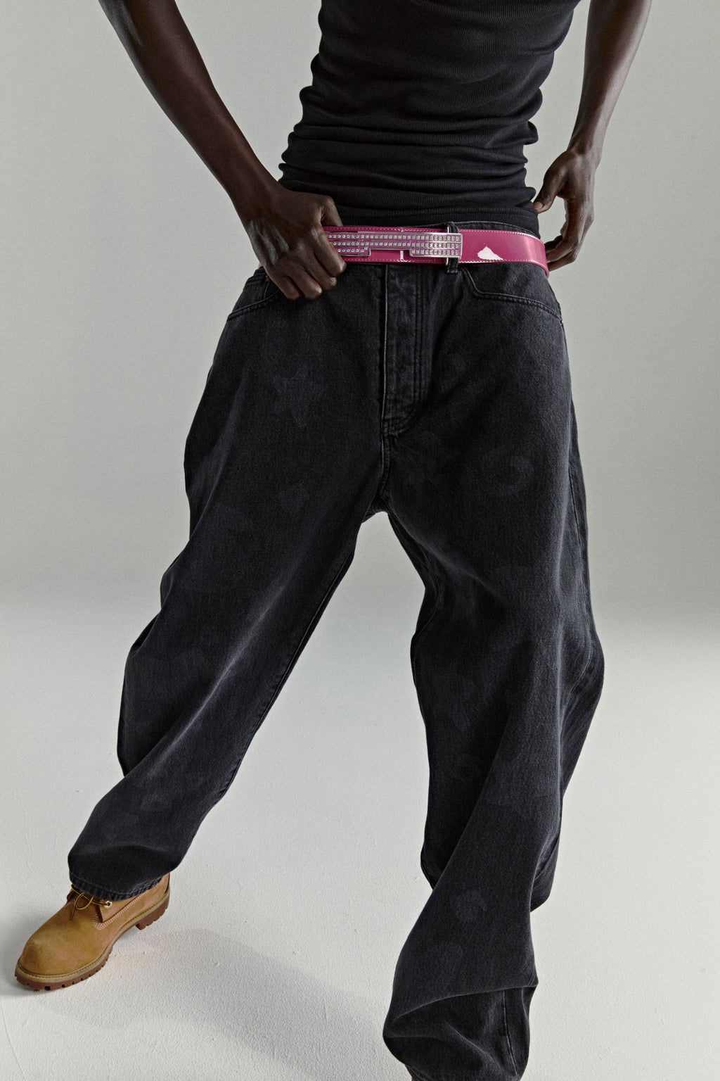 BELUGA DENIM faded wash, classic straight leg jeans with custom hardware and leather back patch.