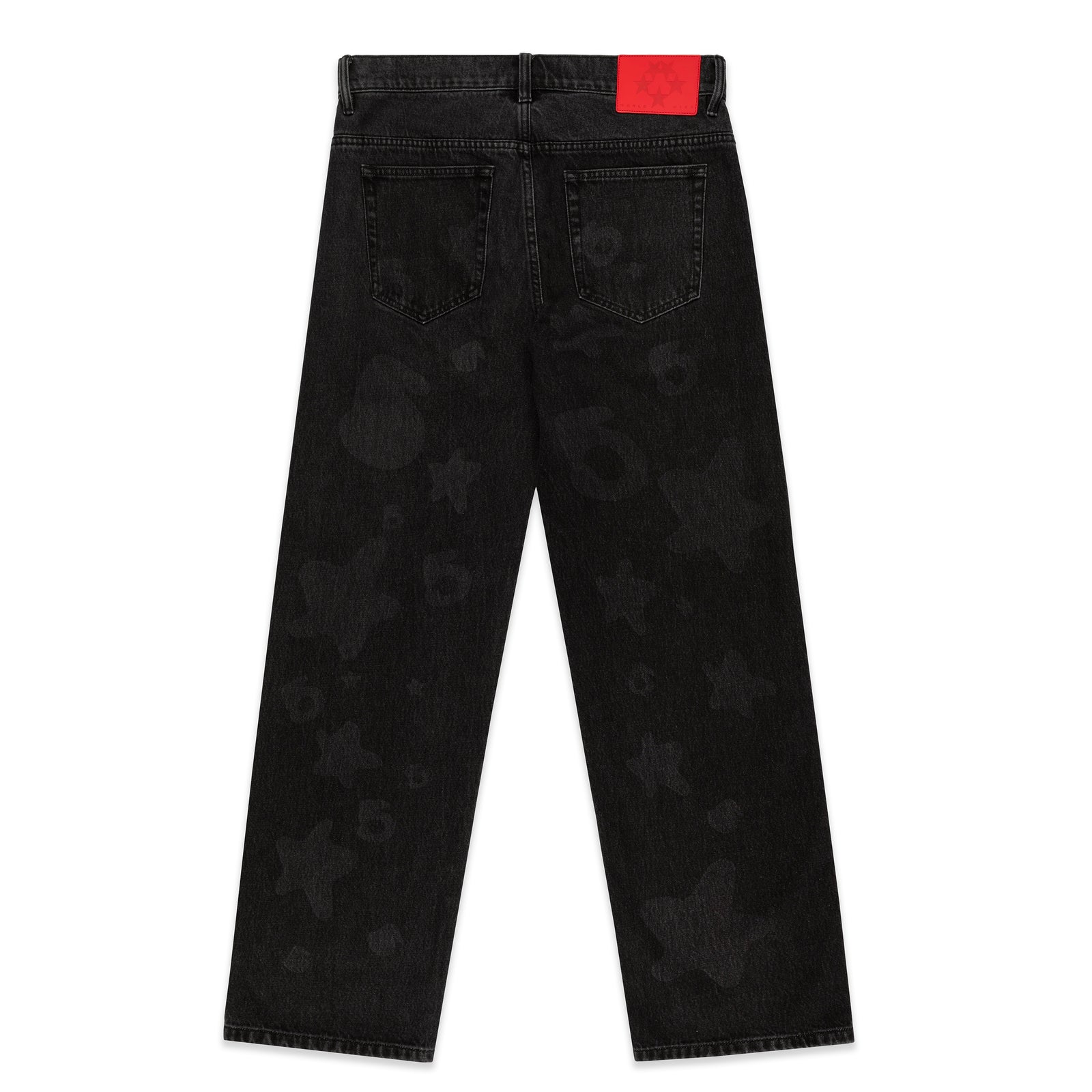 BELUGA DENIM faded wash black jeans with subtle star and circle patterns, red branded leather back patch.
