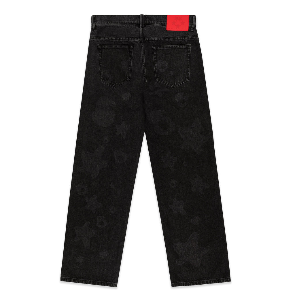BELUGA DENIM faded wash black jeans with subtle star and circle patterns, red branded leather back patch.