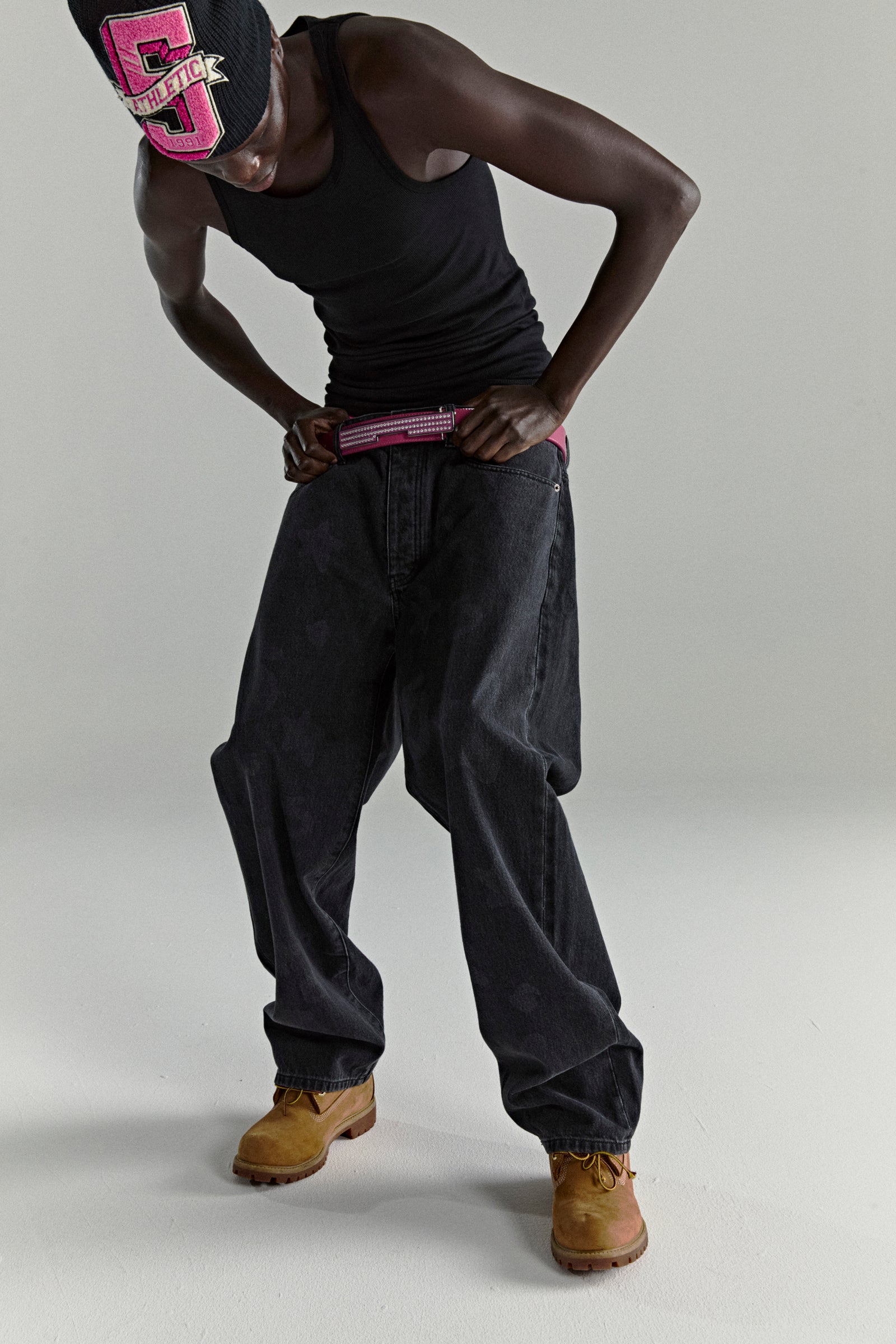BELUGA DENIM faded wash, black, straight leg jeans with branded hardware and leather back patch.