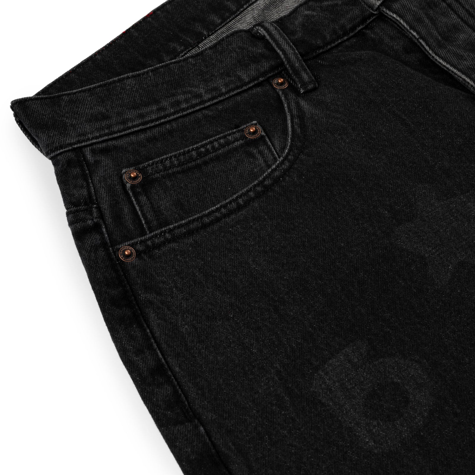 BELUGA DENIM faded wash black jeans with custom branded hardware and classic straight leg fit.